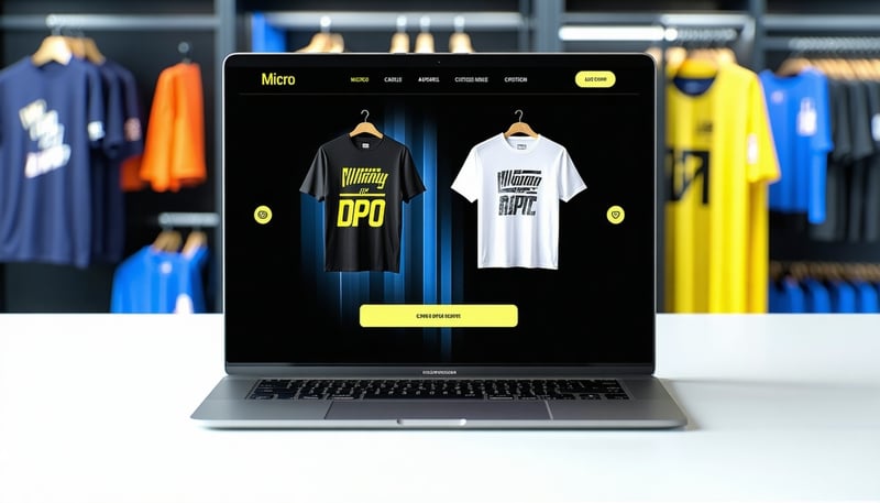 Branded apparel products and a custom micro website on a laptop screen Branded apparel products and a custom micro website on a laptop screen